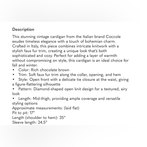 Italian Boho Western Chic Open-Front Cardigan with Fur Accents & Tie Closure - Picture 8 of 8